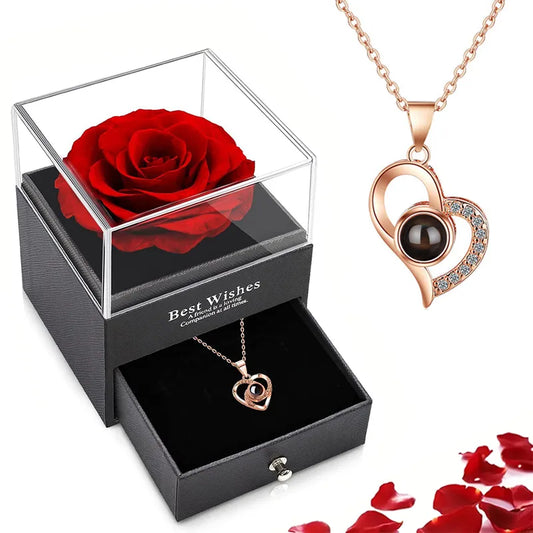 Projection Necklace Set With Rose Gift Box                            Love You Heart Pendant Jewelry