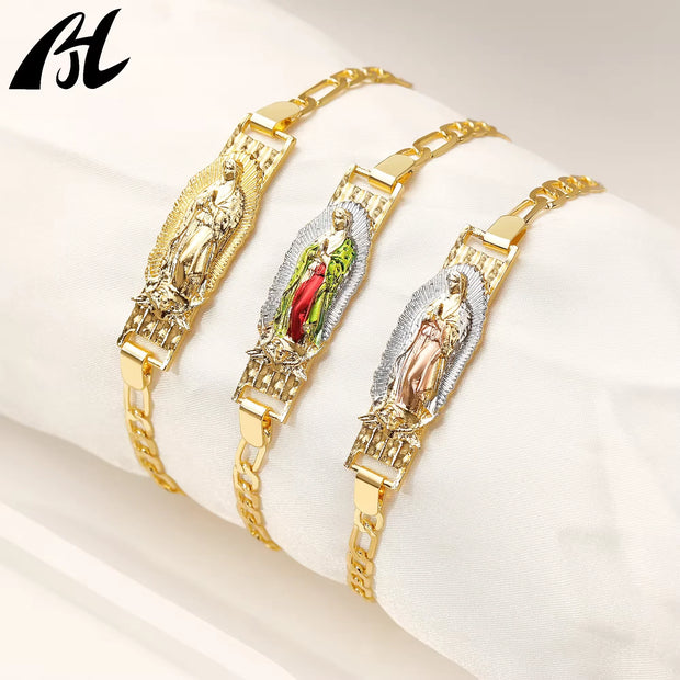 Virgen de Guadalupe Figaro Pulsera – Three-Tone Brass Charm
