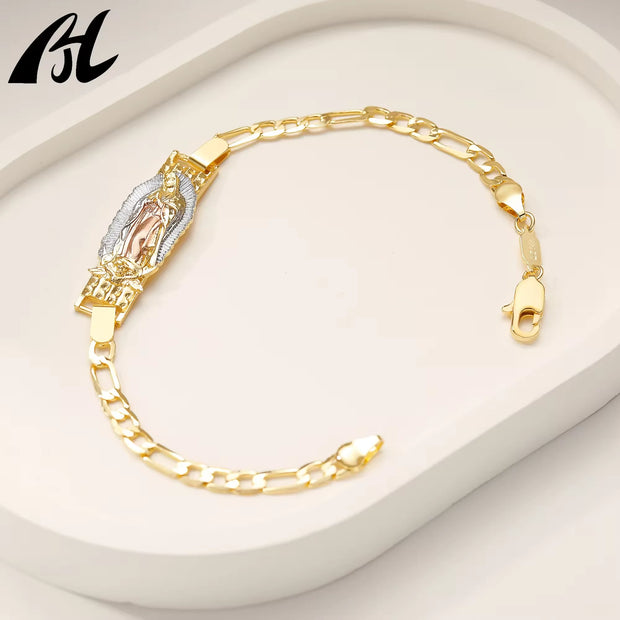 Virgen de Guadalupe Figaro Pulsera – Three-Tone Brass Charm
