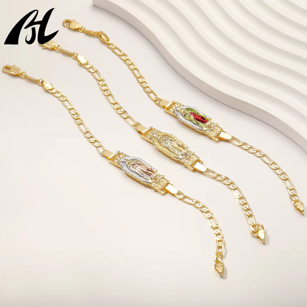 Virgen de Guadalupe Figaro Pulsera – Three-Tone Brass Charm